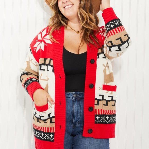 Heimish Holiday Cheers Full Size Christmas Print Cardigan - Picture 1 of 8